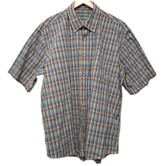 Alan Flusser Button Down Shirt Mens XL Rainbow Plaid Cotton Short Sleeve Casual - Picture 1 of 14